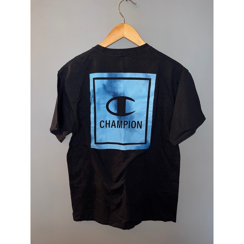 Champion Mens Graphic T-Shirt Black Blue Box Logo Short Sleeve Size Medium